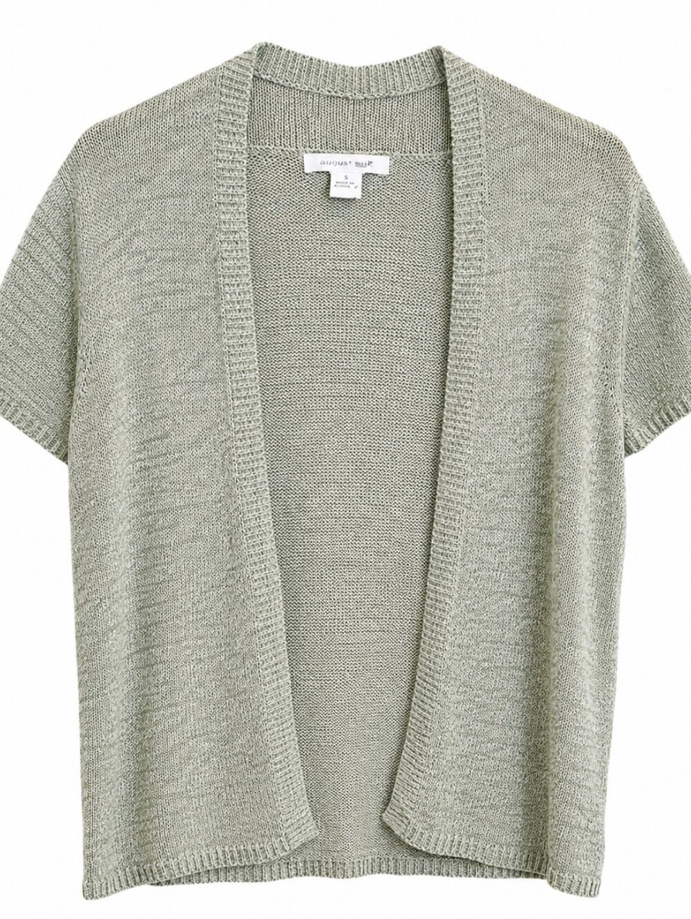 August Silk Women's Cardigan Short Sleeve Light Green/Gray Open Front Size S